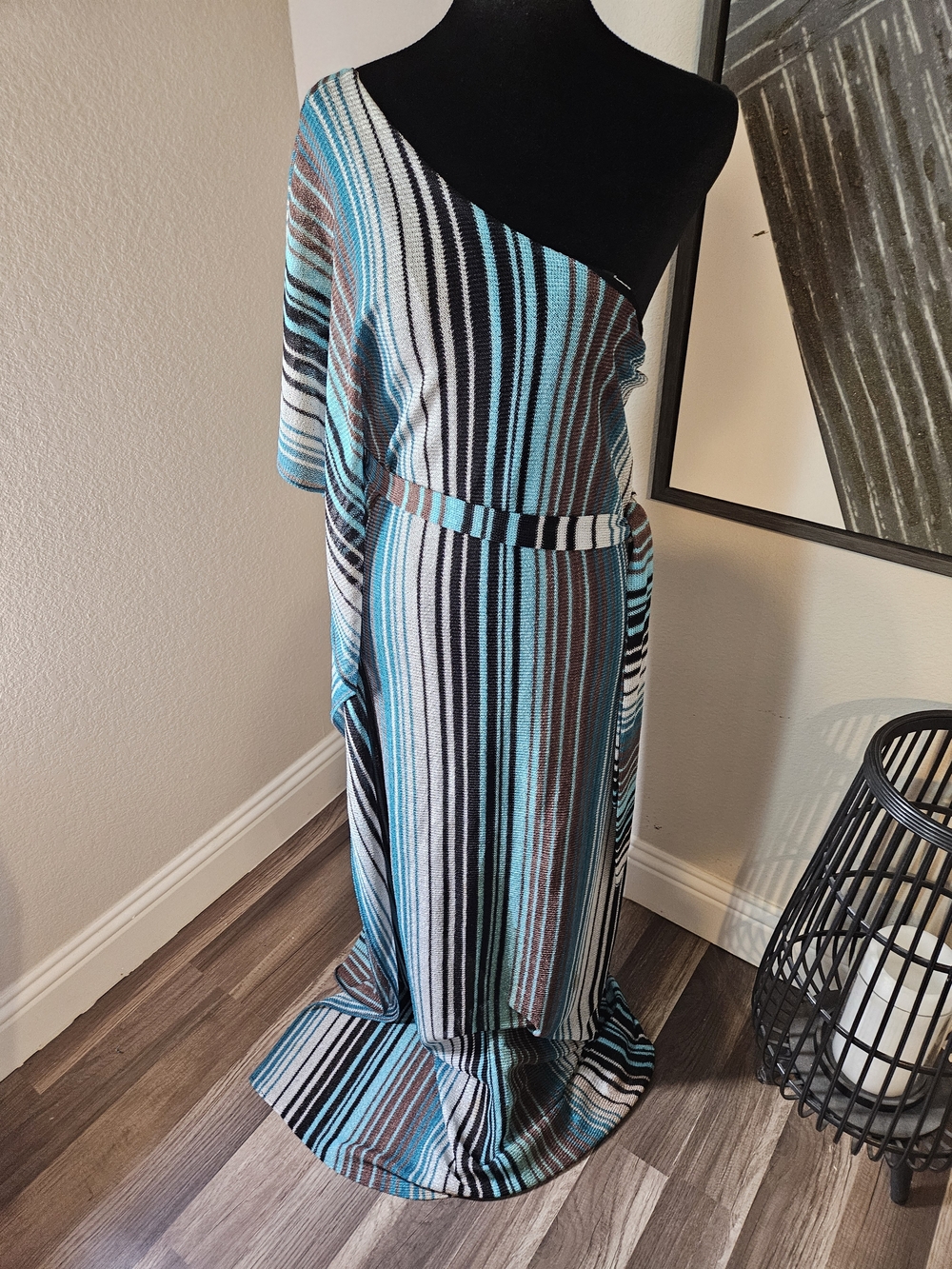 Karina Grimaldi Teal, Brown & Black Striped One-Shoulder Dress